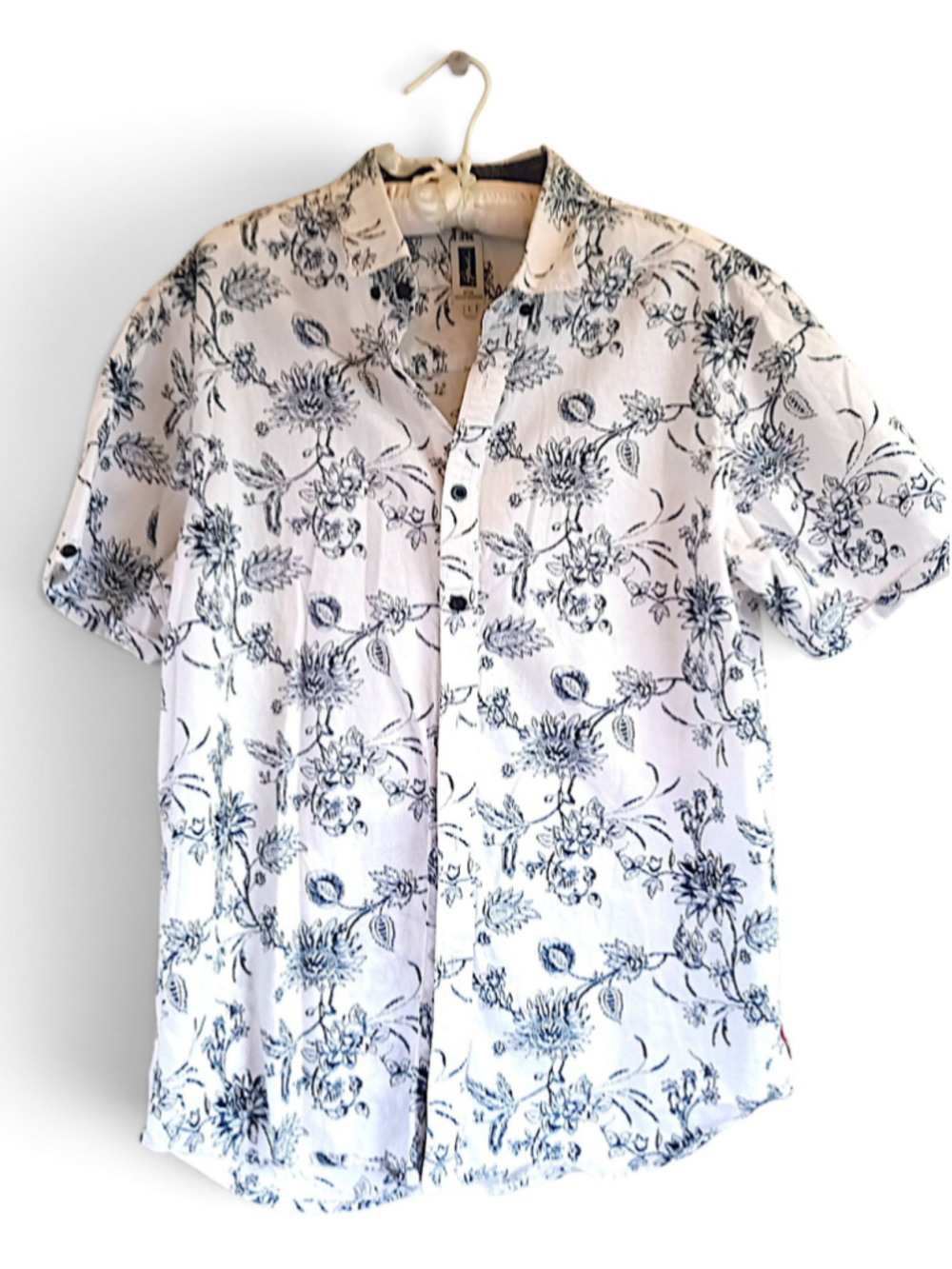 Howe Casual Button Down Shirt, Size L, White and Blue Floral breezy lightweight